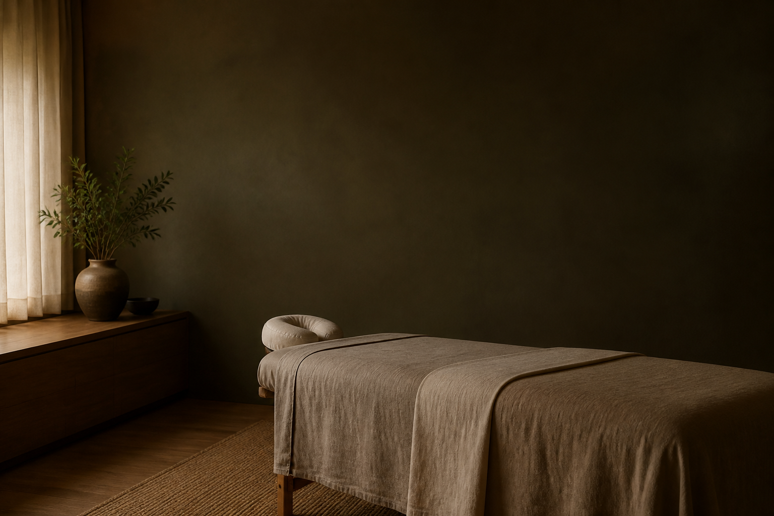 A prepared massage table in a quiet room