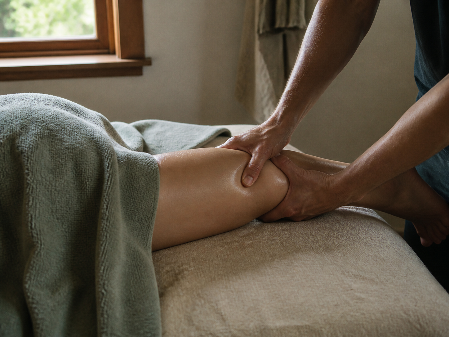 Sports massage focused on a client's lower leg